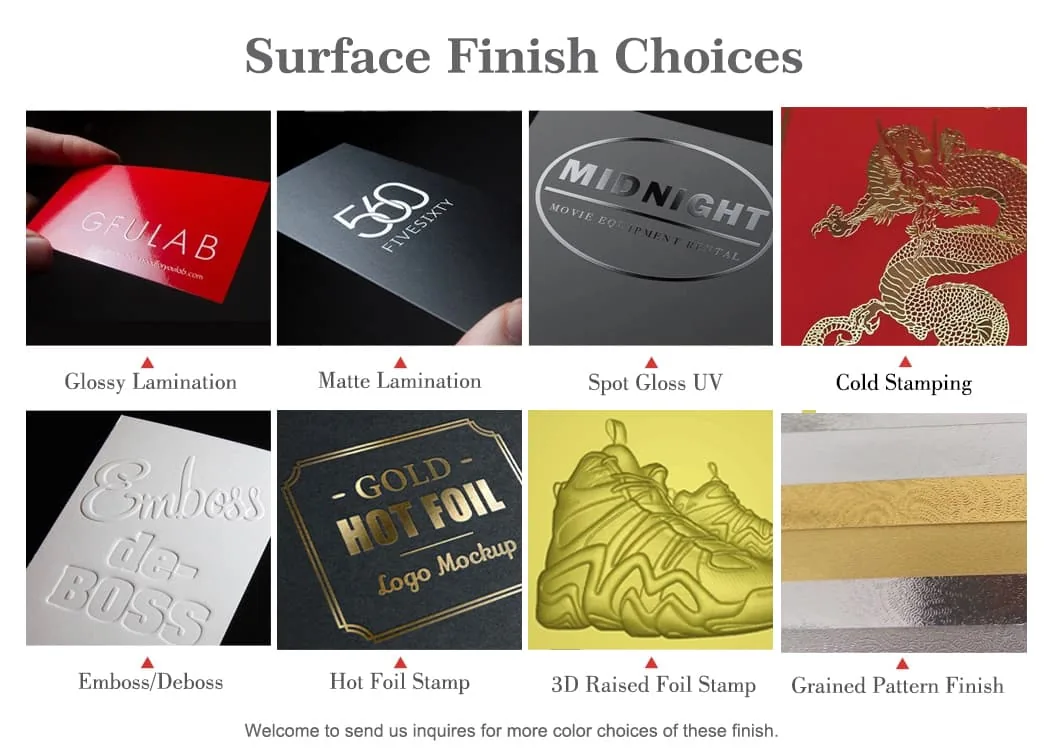Custom box surface finishing options: matte, glossy, soft-touch, gold foil stamping, spot UV and emboss